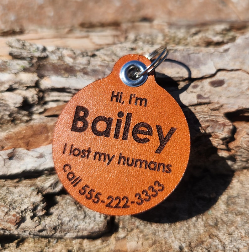 Leather Dog ID tag Quiet dog tag personalized Dog tag gift for pet owners pets collar tag harness leather tag FRONT TEXT- STANDARD