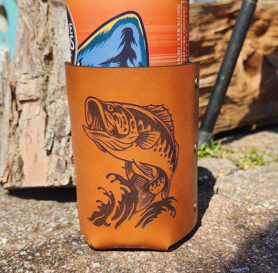 Fishing Leather Drink Koozie Large Mouth Bass Can Cozie Etsy
