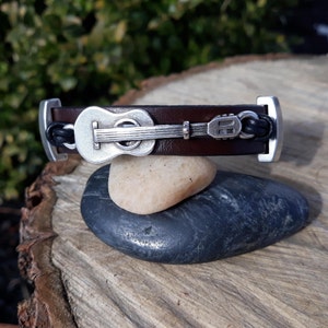 Guitar Leather Bracelet: Sterling Silver Coated Music Cuff