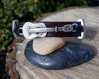 Leren gitaararmband: sterlingzilver gecoate muziekmanchet