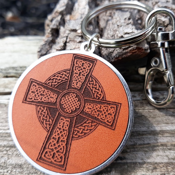 CELTIC CROSS leather keychain - CELTIC cross key ring - Cross key chain - engraved leather key chain - gift for her - gift for him - viking