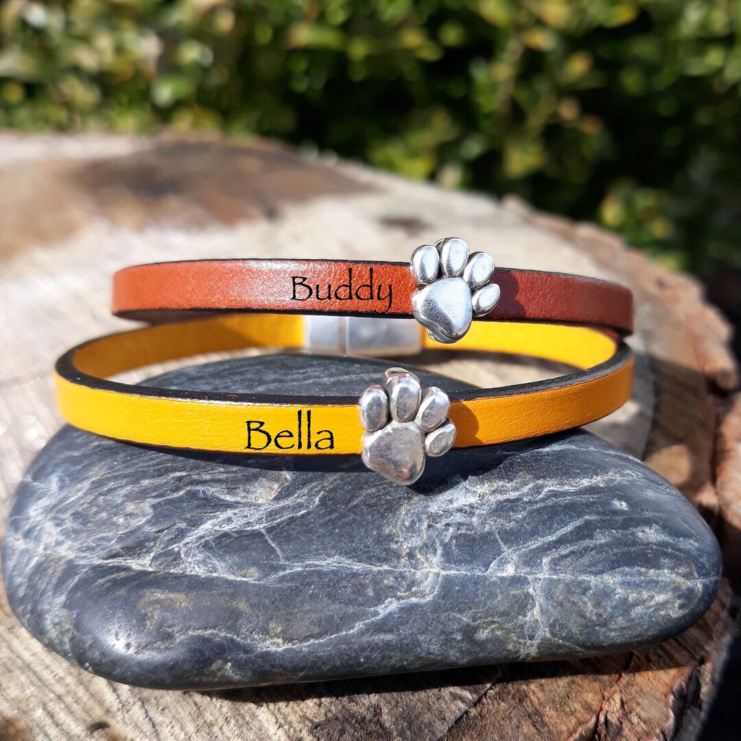 Personalized Dog Name Paw Print Leather Cuff Pet Name Bracelet Pet Name