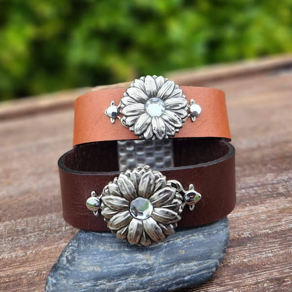 Sunflower leather bracelet- Swarovski crystal leather cuff - gift for her - magnetic clasp bracelet - flower leather cuff- boho leather cuff