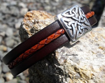Celtic Knot Men's Leather Cuff – Sterling Silver coated design, 3rd Anniversary Gift