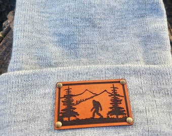 Bigfoot Beanie: Engraved Sasquatch Leather Patch Knit Hat