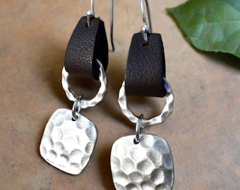 Hammered Metal & Leather Dangle Earrings: Sterling Silver Plated Hooks