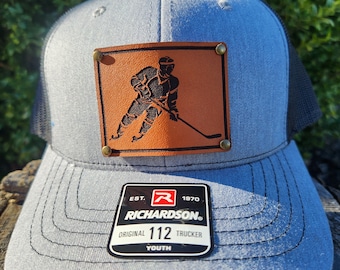 HOCKEY PLAYER KIDS leather patch hat - kids Hockey hat - Hockey love - Laser engraved real leather patch - snap back hats - gift him or her