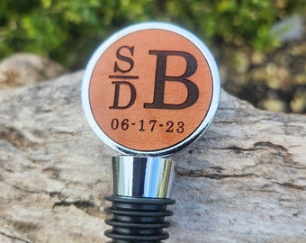 Personalized Leather Anniversary Wine Stopper - Initials & Date