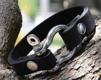 Leather Shackle Bracelet: Stainless Steel Buckle, Edgy Vibe