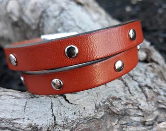 Double wrap leather bracelet - Leather stud wrap bracelet - unisex design jewelry - leather bling