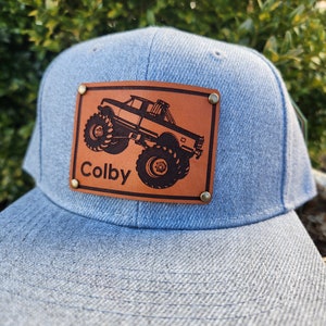 Personalized Toddler Monster Truck Hat: Engraved Leather Patch