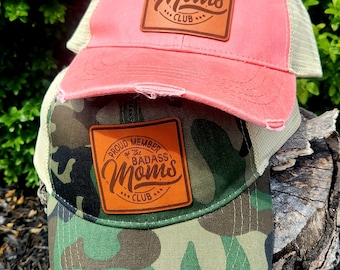 BAD ASS Moms Club hat - Mom Hat - Mama hat - gift for her - engraved leather patch hats - new mom hat - Mom's day gift