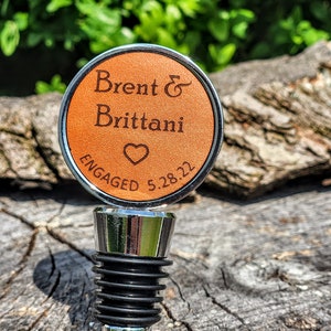 Personalized Leather Engagement Wine Stopper: Engraved Couple Gift