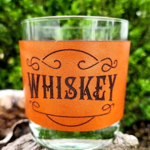 Leather wrapped Whiskey glass - Custom barware - Engraved leather wrapped rocks glass set - fathers day -3rd Anniversary gift - leather gift