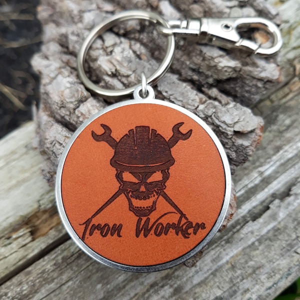 IRON WORKER leather keychain - Ironworker journeyman key ring gift - Custom engraved leather key chain - gift for her - gift for him