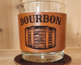 Leather Wrapped Bourbon Glass: Engraved Whiskey Rocks Glass