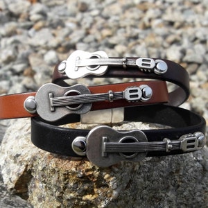 Guitar Leather Bracelet: Sterling Silver Coated, Musician Gift