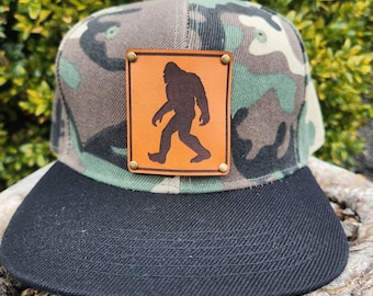 Kids Sasquatch Trucker or Flat Brim Hat: Engraved Leather Patch, Yeti Gift