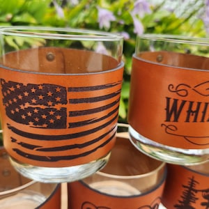 Whiskey glass set leather wrap -American flag rocks glass wrap - custom bar ware - father's day gift - 3rd Anniversary leather gift