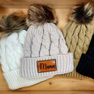 Mama Beanie: Ribbed Knit Hat with Leather Engraved Patch & Faux Fur Pom