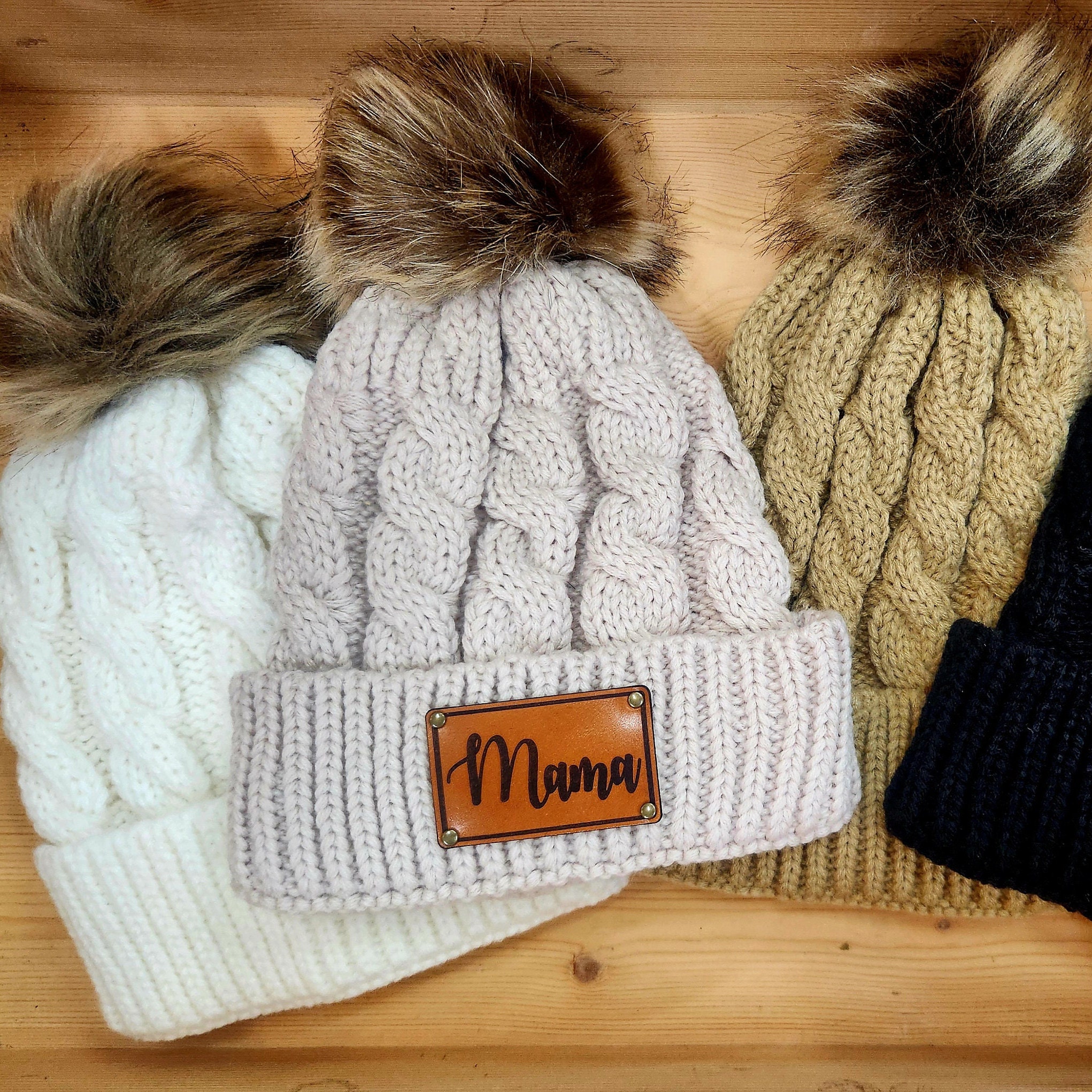Mama Beanie: Ribbed Knit Hat With Leather Engraved Patch  display picture 2