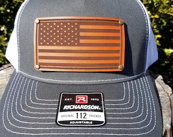 AMERICAN FLAG hat - American flag trucker hat - Richardson leather patch hats - Patriotic hats - USA hats - Gift for him - gift for her