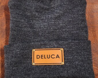 NAME KNIT HATS -Custom name knit beanies - personalized hats - gift for him - gift for her - name gift - laser engraved leather patch hat