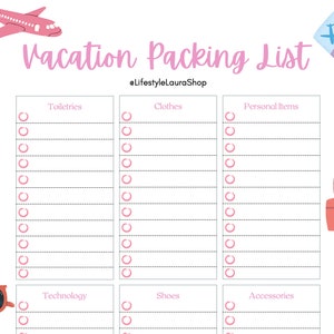 Vacation, Travel Packing List Printable Worksheet- Monochromatic Pink Aesthetic, Customizable Organized Template, Instant Download
