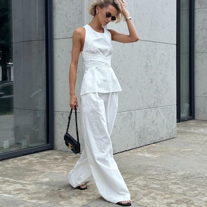 Linen two piece set for women sleeveless top and wide leg high waist pants summer outfit in black or white breathable natural fabric