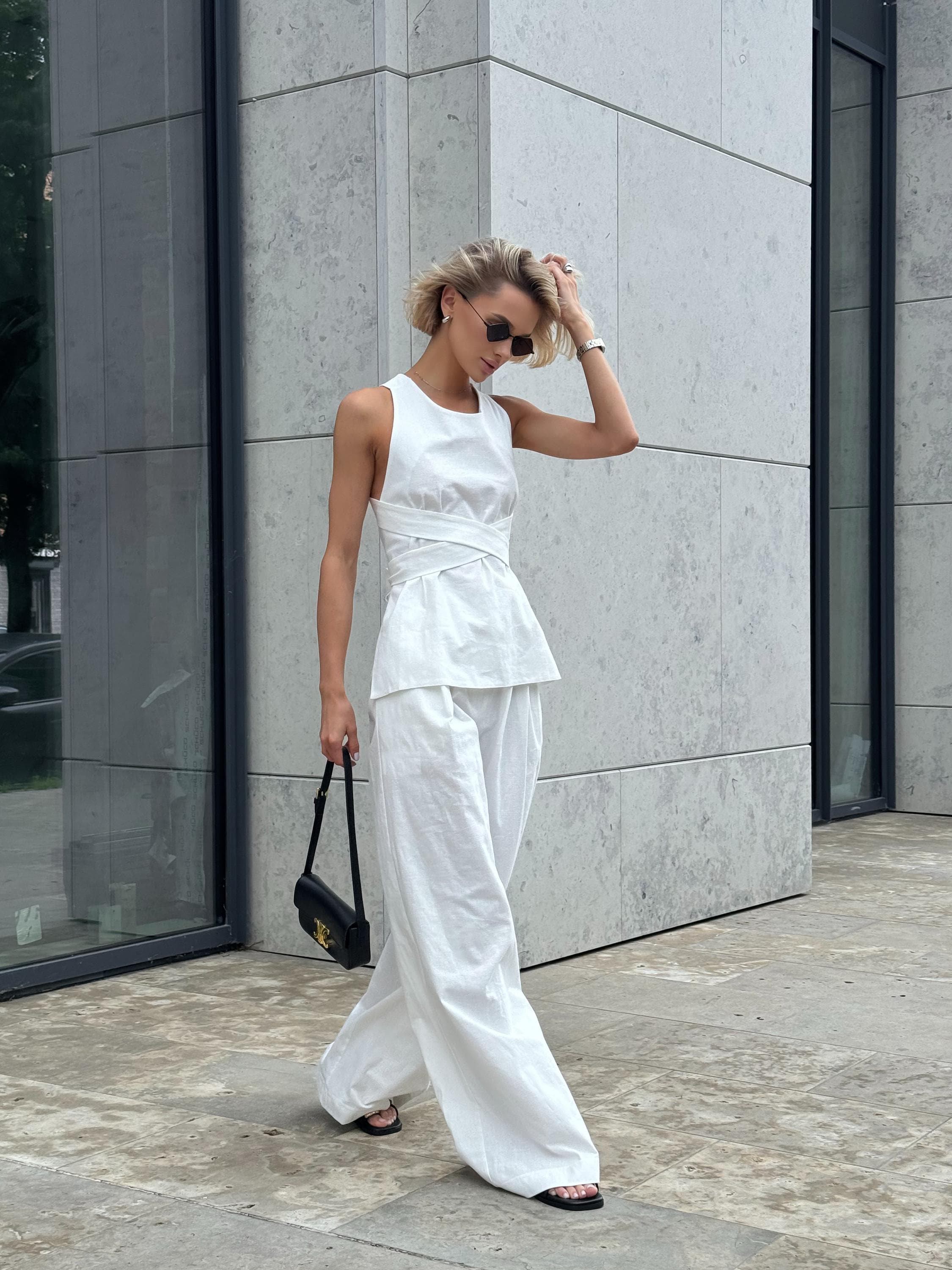 Linen two piece set for women sleeveless top and wide leg high waist pants summer outfit in black or white breathable natural fabric