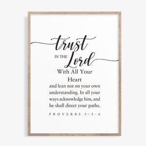 May include: Black and white printable wall art with a religious quote: "Trust in the Lord with all your heart and lean not on your own understanding. In all your ways acknowledge him, and he shall direct your paths." Proverbs 3:5-6