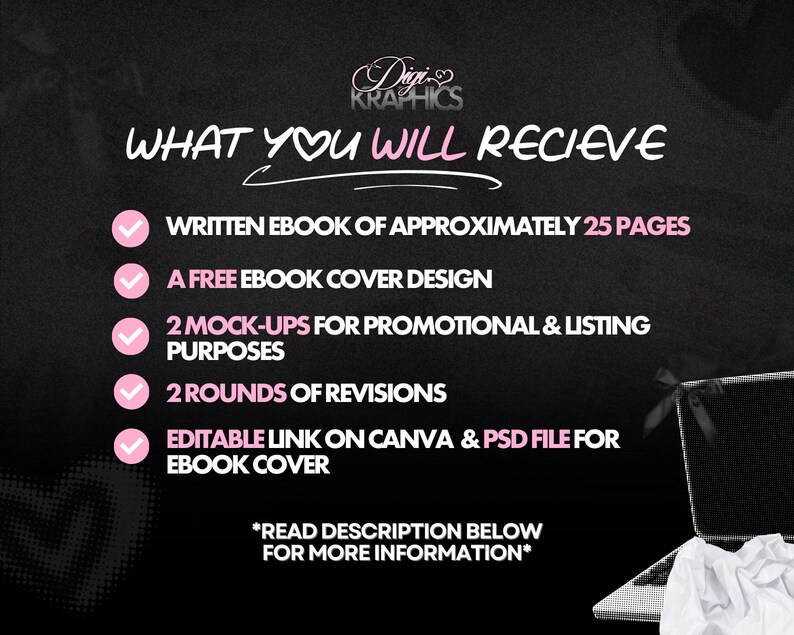 May include: Black background with white and pink text listing ebook features. Includes a written ebook of approximately 25 pages, a free ebook cover design, 2 mock-ups, 2 rounds of revisions, and an editable link for the ebook cover.