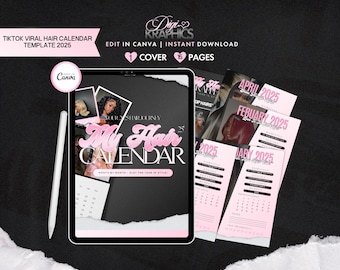 VIRAL TikTok Hair Calendar PLR, Viral Beauty Magazine, Hair Magazine, 2026 Hair Goals Hairstylist Vision Board, Trendy, Canva template