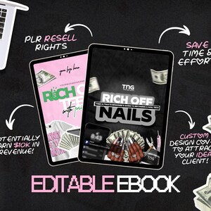 May include: Two digital tablets displaying "Rich Off Nails" and "Rich Off The Grid" ebooks. The image includes text such as "PLR Resell Rights", "Potentially Earn $10K in Revenue!", and "Editable Ebook". The background is black with dollar bills.