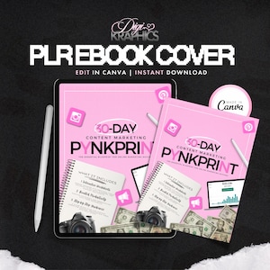 May include: Pink and white digital planner cover template with the text "30-Day Content Marketing PYNKPRINT" and a graphic of a camera. The template is designed to be edited in Canva and is available for instant download.