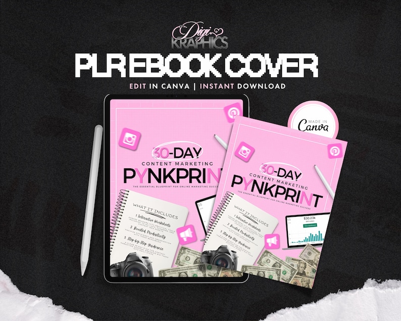 May include: Pink and white digital planner cover template with the text "30-Day Content Marketing PYNKPRINT" and a graphic of a camera. The template is designed to be edited in Canva and is available for instant download.