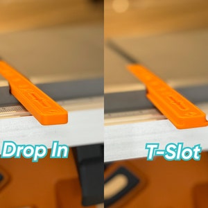 May include: Two orange plastic rulers, one with a drop-in design and the other with a T-slot design. The rulers are on a table saw.