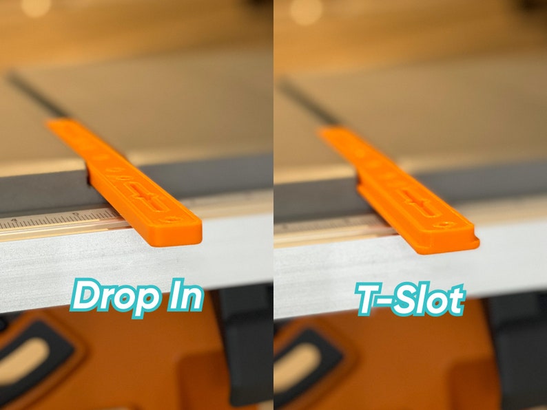 May include: Two orange plastic rulers, one with a drop-in design and the other with a T-slot design. The rulers are on a table saw.