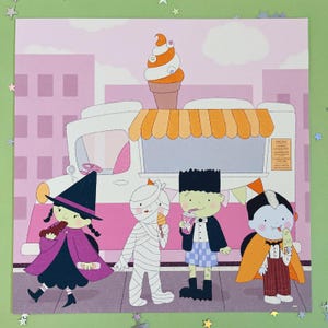 May include: A whimsical illustration depicts four costumed characters in front of a pink ice cream truck. A witch, mummy, Frankenstein, and vampire enjoy treats. The ice cream cone has orange and white swirls.