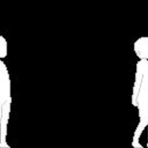 Puede incluir: Una secuencia de cuatro figuras pixeladas blancas caminando de izquierda a derecha sobre un fondo negro. Cada figura está en la misma pose, con un diseño simple y en bloques.