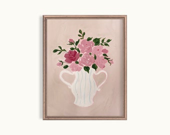 Pintura acrílica de flores de natureza morta DIGITAL | IMPRIMÍVEL Vintage Botânico Rosa Flor Vaso Arte Impressão Q2-4