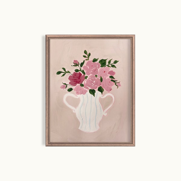 Still Life Flowers Acrylic Painting DIGITAL | PRINTABLE Vintage Botanical Pink Flower Vase Art Print Q2-4