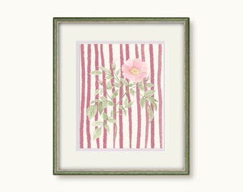 Impressão de arte digital de aquarela rosa | Listras e rosas Cottage Chintz IMPRIMÍVEL Galeria de arte de parede A2-2
