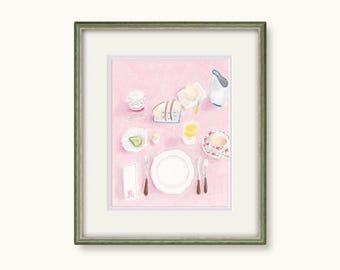 Mesa de café da manhã Pastel a óleo Natureza morta Ilustração Arte Impressão | Arte de comida de paisagem de mesa
