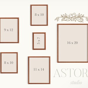 May include: A collection of five brown picture frames with white mats and measurements in inches. The frames are arranged in a staggered pattern on a white wall. The largest frame is 16 x 20 inches, and the smallest frame is 5 x 7 inches. The text "ASTORIA studio" is printed below the frames.