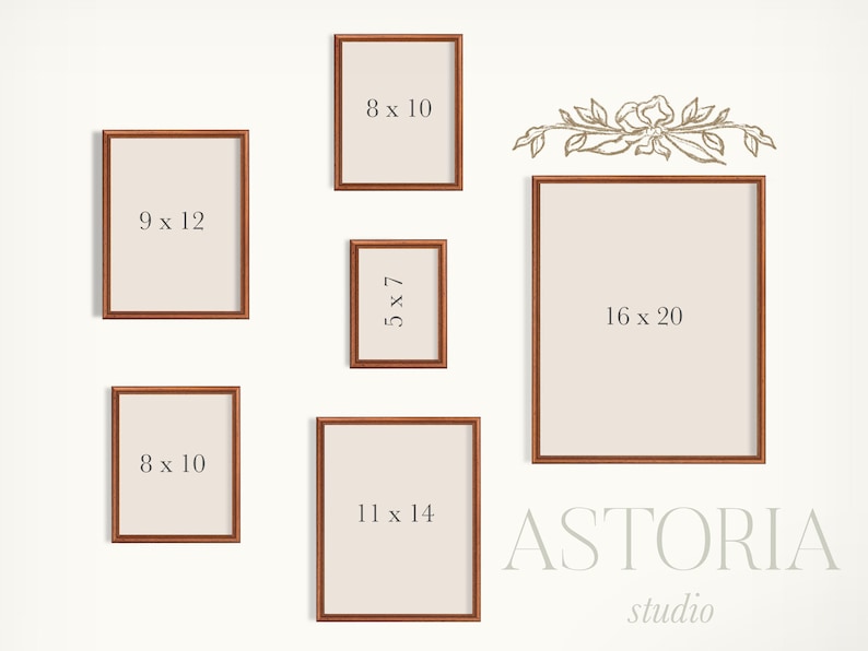 May include: A collection of five brown picture frames with white mats and measurements in inches. The frames are arranged in a staggered pattern on a white wall. The largest frame is 16 x 20 inches, and the smallest frame is 5 x 7 inches. The text "ASTORIA studio" is printed below the frames.