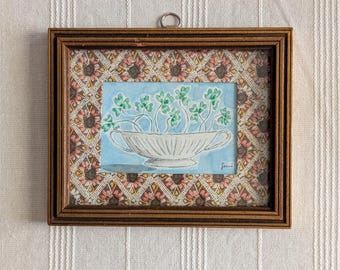 Original Watercolour Clover Art in a Vintage Frame with Patterned Mat