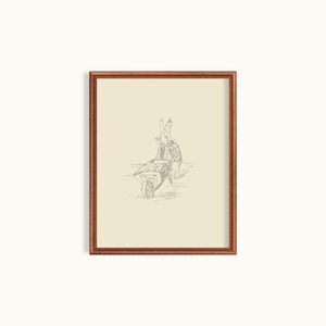 May include: A black and white line drawing of a rabbit pushing a wheelbarrow. The rabbit is wearing a hat and has a long tail. The wheelbarrow is filled with something that is not visible in the image.