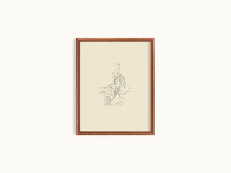 May include: A black and white line drawing of a rabbit pushing a wheelbarrow. The rabbit is wearing a hat and has a long tail. The wheelbarrow is filled with something that is not visible in the image.