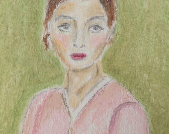 Original Art Portrait of a Lady Oil Pastel on Paper